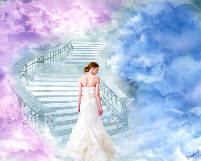 Stairway to heaven, fantasy, stair, clouds, woman, HD wallpaper