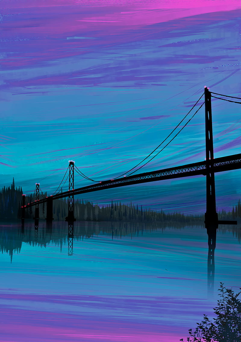 bridge, river, art, reflection, twilight, HD phone wallpaper