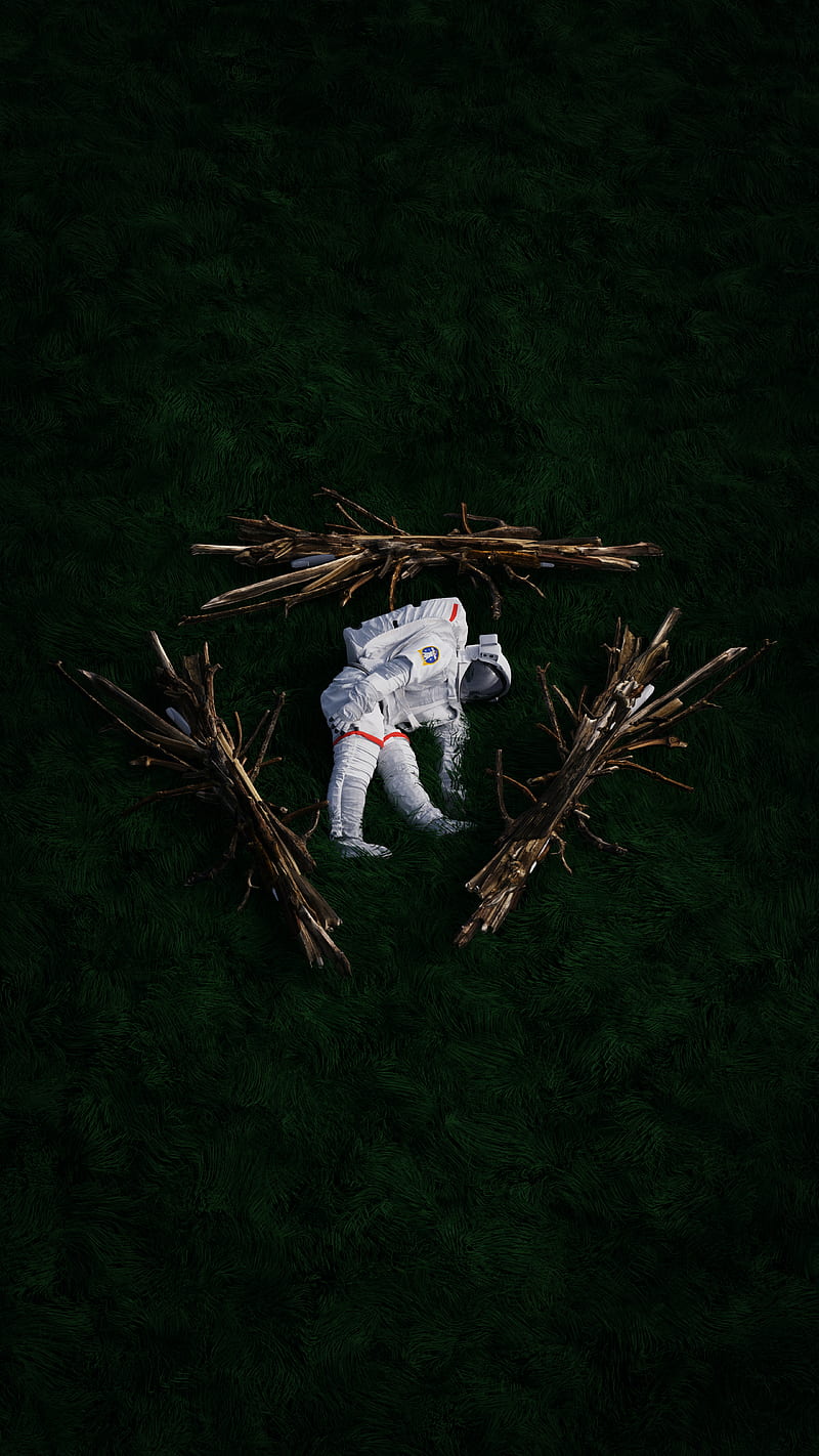 cosmonaut, space suit, branches, grass, HD phone wallpaper