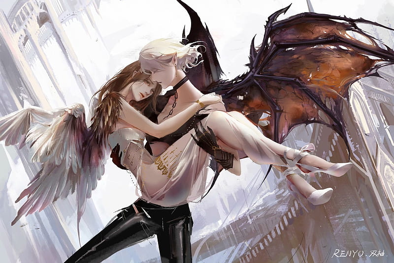 Angel and demon, manga, anime, couple, love, HD wallpaper