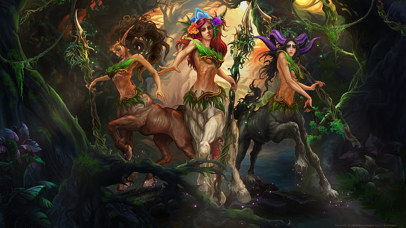 Centaur girls, luminos, redhead, amazon, horse, woman, fantasy, girl, green, purple, jungle, flower, centaur, HD wallpaper