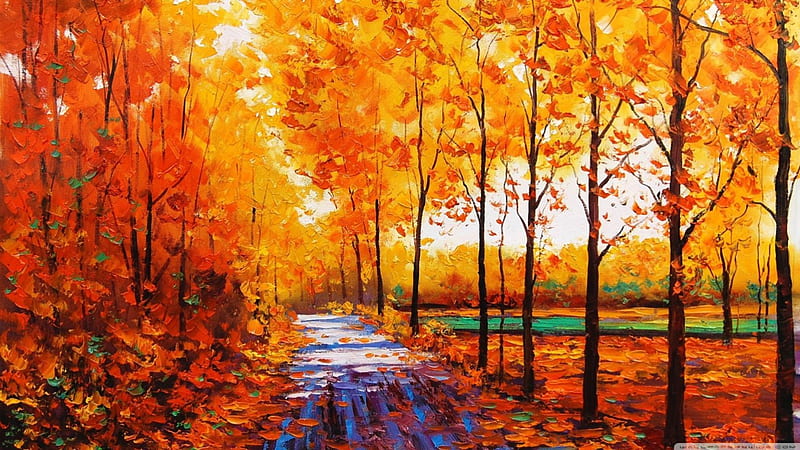 Fall painting, fall, red, colorful, autumn, orange, artwork, leaves, painting, path, road, art, forest, warm, park, leaf, colours, nature, HD wallpaper