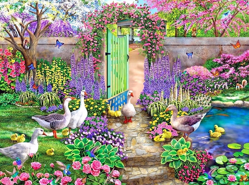 Garden Visitors, colors, love four seasons, ducks, butterflies, spring, paintings, summer, flowers, garden, nature, animals, HD wallpaper