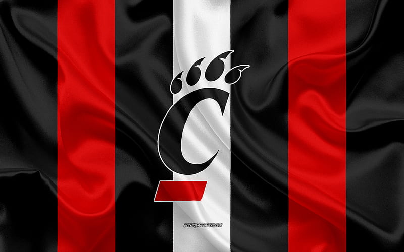 Cincinnati Bearcats, American football team, emblem, silk flag, red-black silk texture, NCAA, Cincinnati Bearcats logo, Cincinnati, Ohio, USA, American football, HD wallpaper