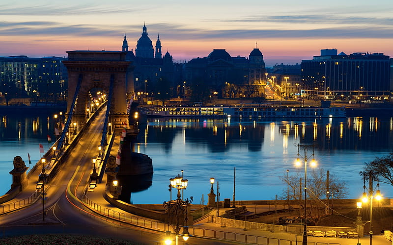 Budapest, Hungary, sunrise, morning, Chain Bridge, Danube River, HD wallpaper
