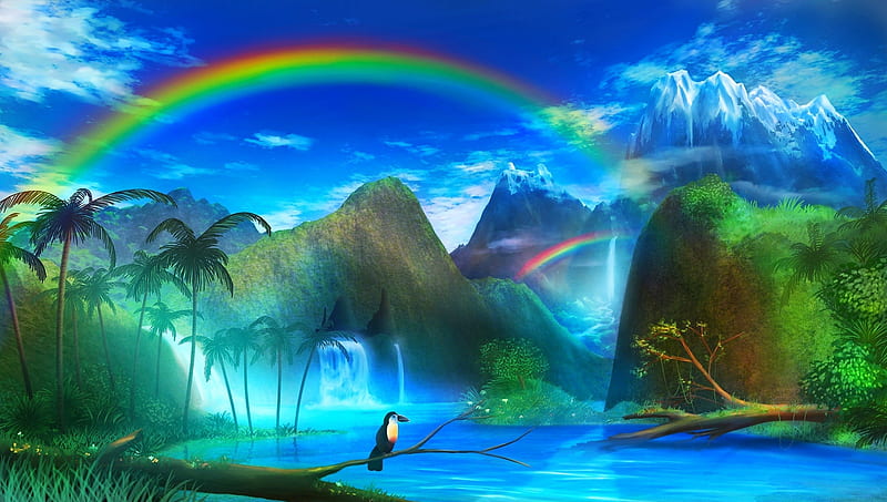 Land of rainbows, hills, lovely, bonito, rainbow, fantasy, water, splendor, bird, future, beauty, nature, fields, island, landscape, HD wallpaper