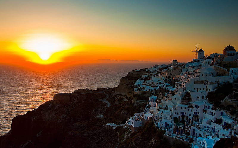 Towns, Santorini, Aegean Sea, Coast, Greece, Sunset, HD wallpaper