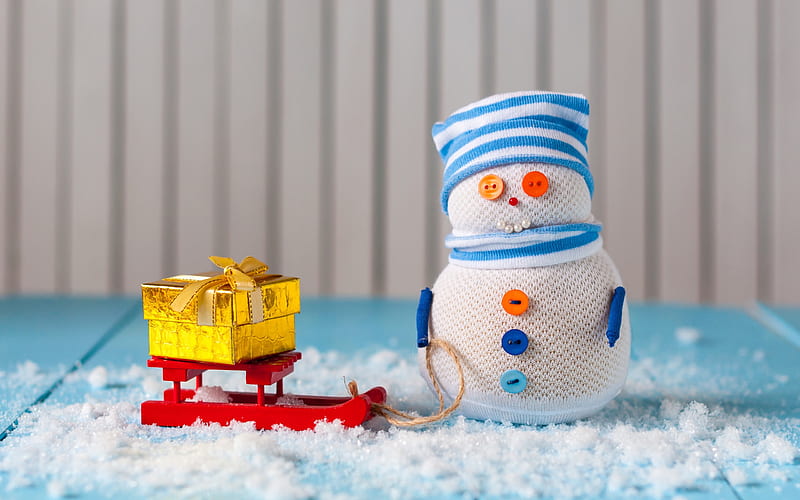 Snowman, sled, New Year, winter, snow, golden gift, Christmas, HD wallpaper