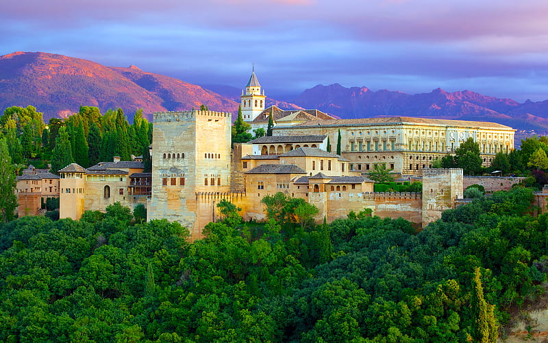 Alhambra, castle, spanish landmarks, Granada, Spain, HD wallpaper