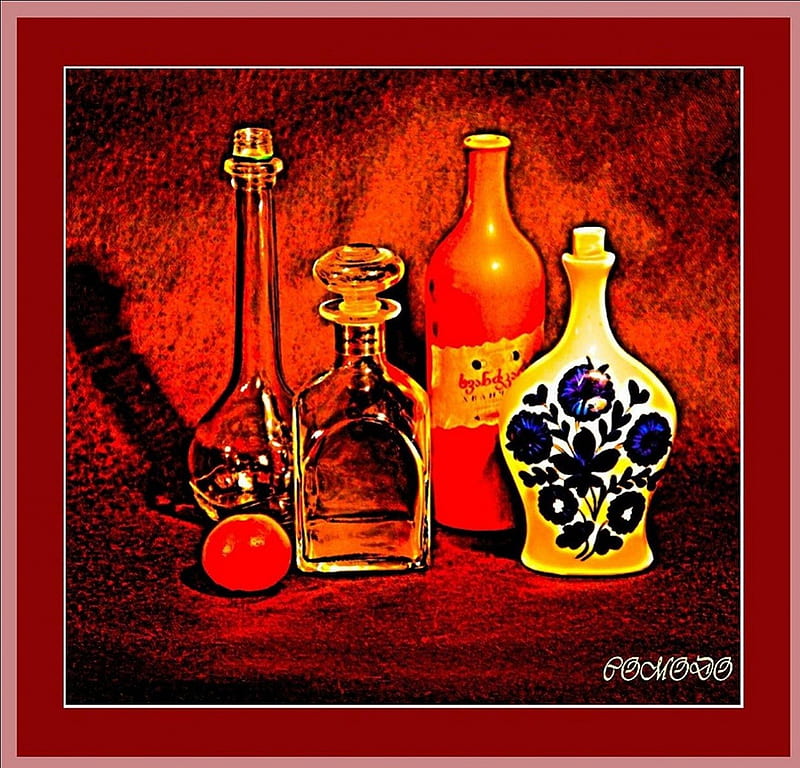 COLORED BOTTLES, jaune, quatre, bouteilles, rouge, HD wallpaper