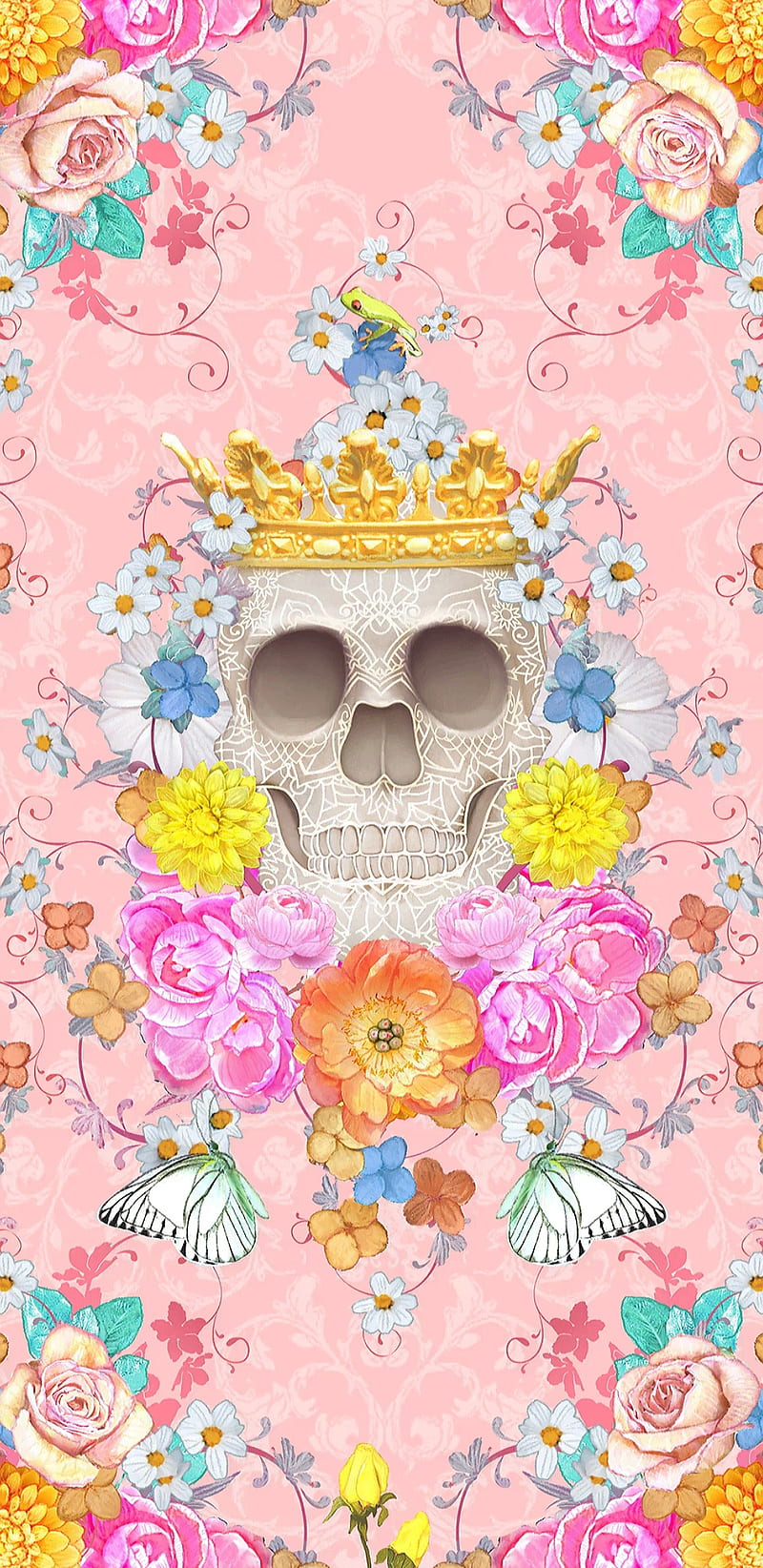 Queens Skull, bonito, butterflies, butterfly, colorful, crown, flowers, pretty, queen, roses, HD phone wallpaper