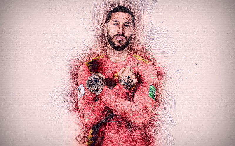 Sergio Ramos Spanish footbal, l team artwork, Ramos, soccer, footballers, drawing Sergio Ramos, Spain National Team, HD wallpaper