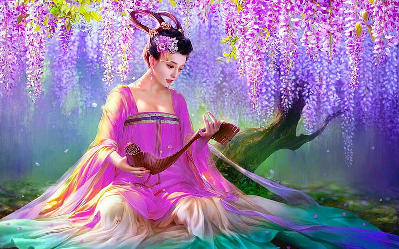 The empress, pink, frumusete, luminos, da cong jun, dacongjun, superb, wisteria, fantasy, empress, flower, asian, chinese, gorgeous, HD wallpaper