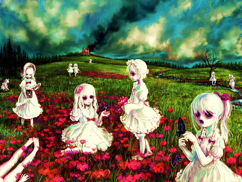 Zombie Children, children, trees, clouds, zombie, creepy, fire, flowers, blue sky, field, HD wallpaper