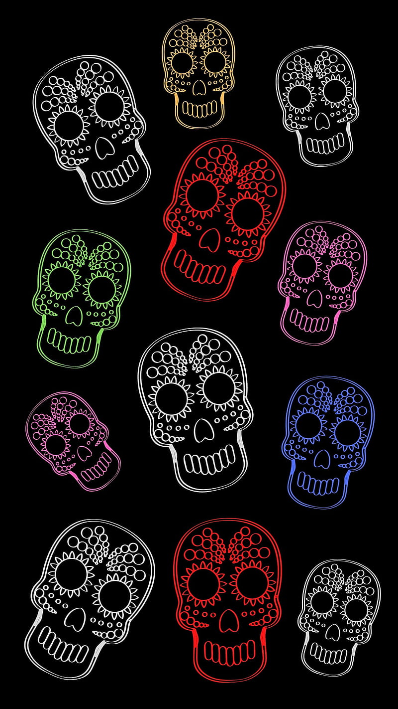 Neon Candy Skulls , colorful muertos art, culture theme party, day of the dead festival, macabre sugar skull, neon skull , ornament skulls pattern, spooky dark halloween, tattoo illustration, traditional celebration pattern, HD phone wallpaper