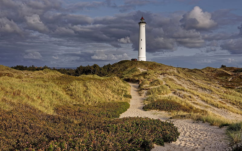 Lighthouse in Denmark, North Sea, Denmark, dunes, lighthouse, HD wallpaper