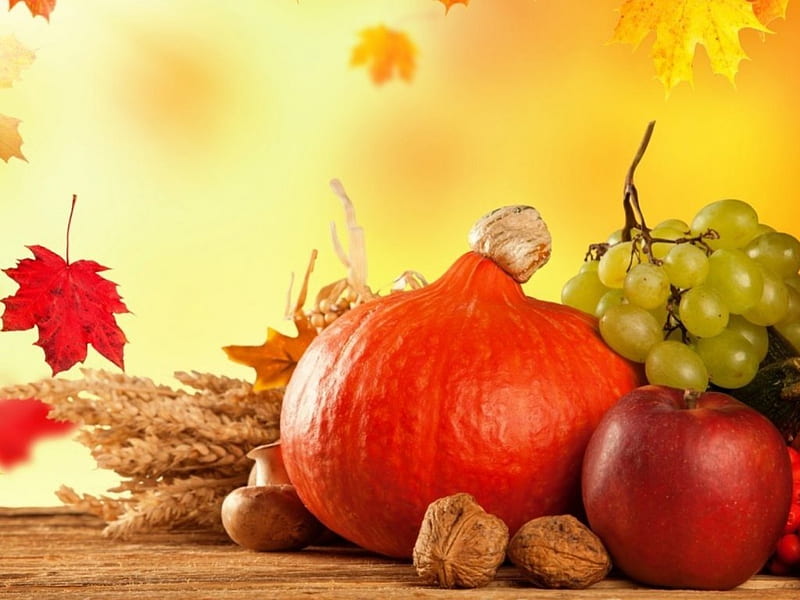 Autumn Still Life, apple, grape, autumn, pumpkin, Still Life, walnut, leaf, HD wallpaper