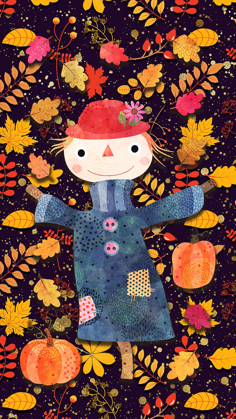 Kawaii Fall Scarecrow , Koteto, November, October, September, Thanksgiving, autumn, background, brown, character, colorful, colors, cute, drawing, falling, foliage, forest, garden, graphic, happy, harvest, illustration, leaf, leaves, nature, oak, orange, red, season, seasonal, yellow, HD phone wallpaper