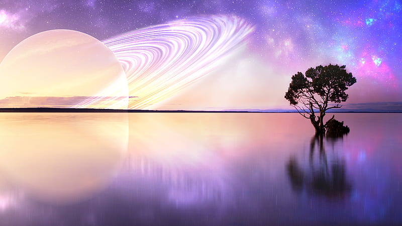 planet, lonely tree, ring system, reflection, starry sky, nebula, Sci-fi, HD wallpaper