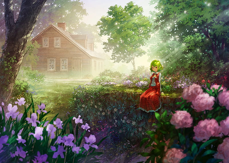 kazami yuuka, touhou, green hair, forest, flowers, house, dress, trees, anime landscape, Anime, HD wallpaper