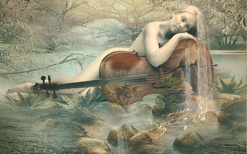 Beautiful Music, lovely, music, bonito, woman, Fantasy, softness, water, guitar, digital, Rocks, HD wallpaper