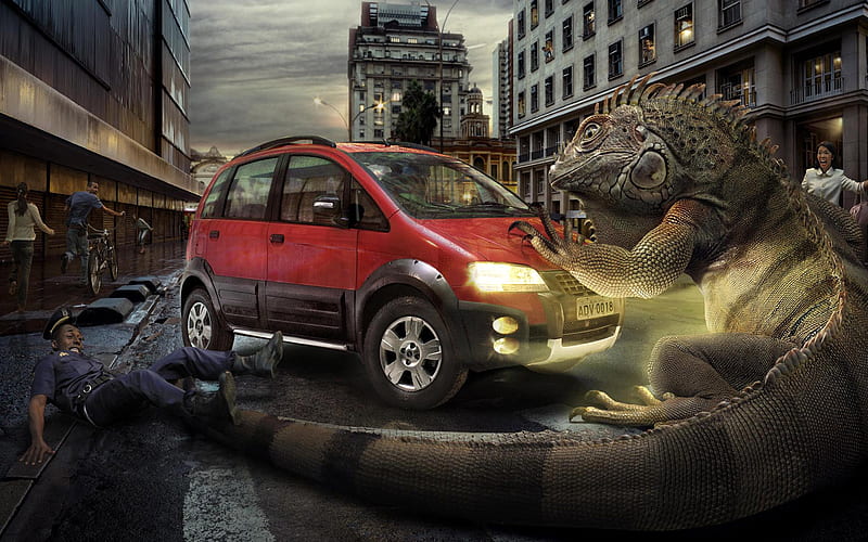 Big Lizard attacks Cities, amazing, lizard, big, cities, funny, attacks, HD wallpaper
