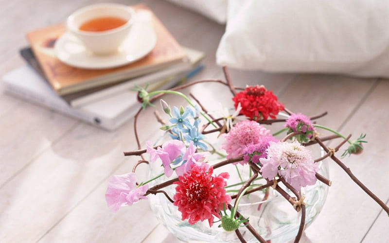 Flowers and tea, cup, flowers, tea, decoration, HD wallpaper | Peakpx