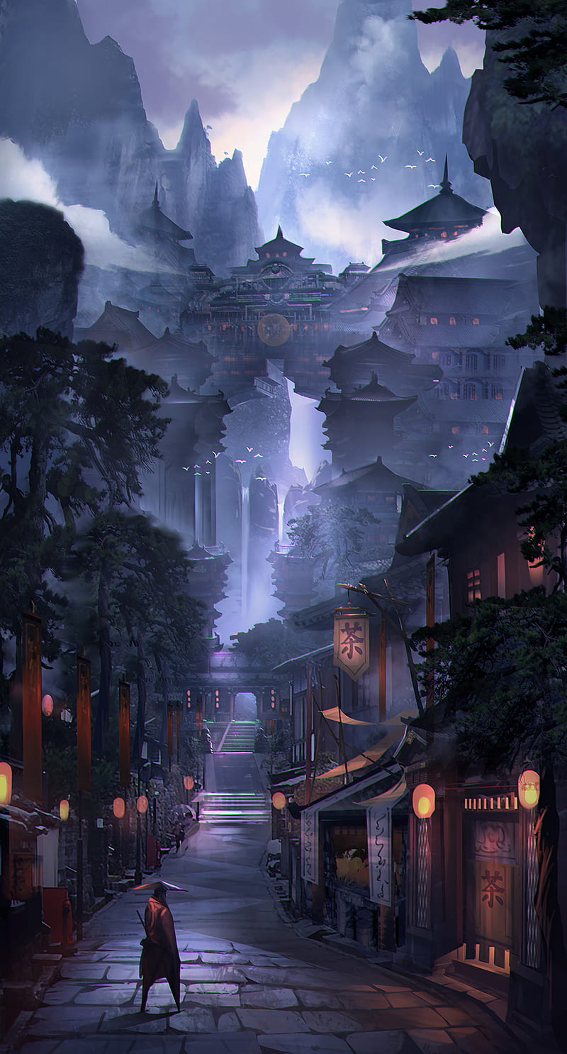 samurai, warrior, buildings, architecture, street, japan, art, HD phone wallpaper