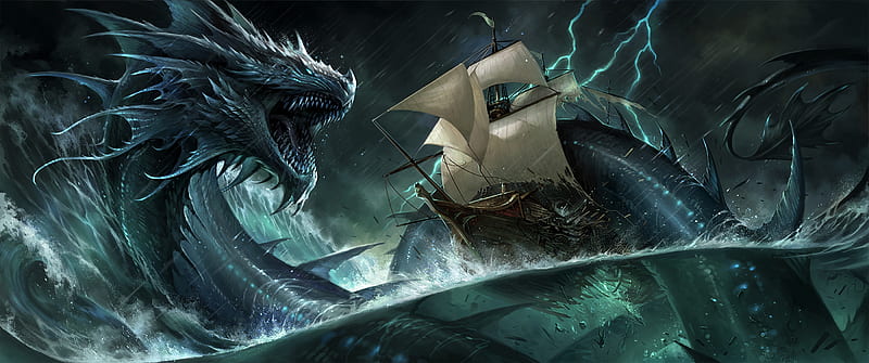 Leviathan, art, luminos, dragon, sandara, sea, fantasy, water, green, ship, HD wallpaper