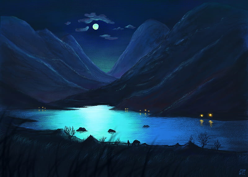 Moonlight by Siar Tanas, siar tanas, dark, lake, night, blue, frumusete, moon, luminos, mountain, moon, fantasy, HD wallpaper