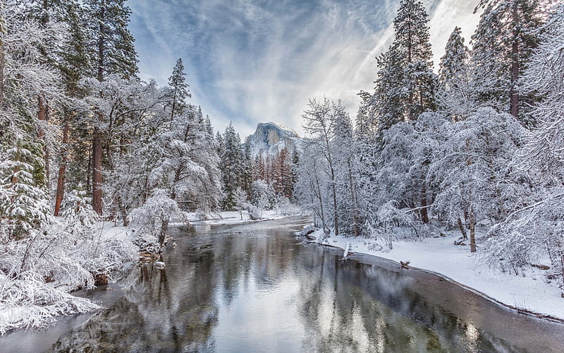 Merced River, winter landscape, forest, winter, snow, river, mountain landscape, Half Dome, Yosemite National Park, Sierra Nevada, California, USA, HD wallpaper