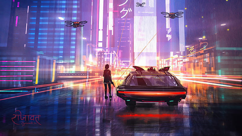 Sci Fi, Cyberpunk, Car, Drone, Futuristic, Girl, HD wallpaper