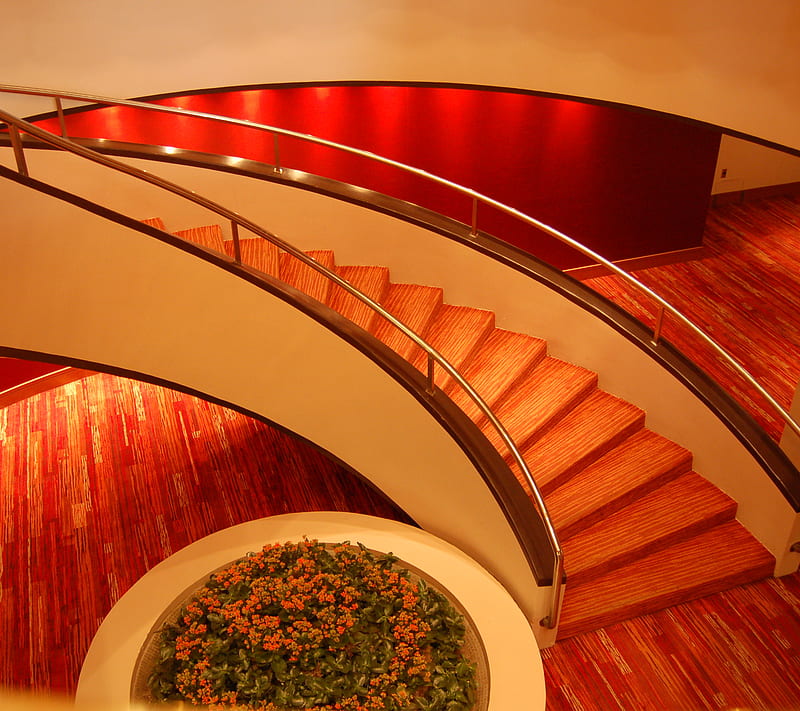 Orange Decor, color, geometric, lobby, railing, shapes, stairs, HD wallpaper