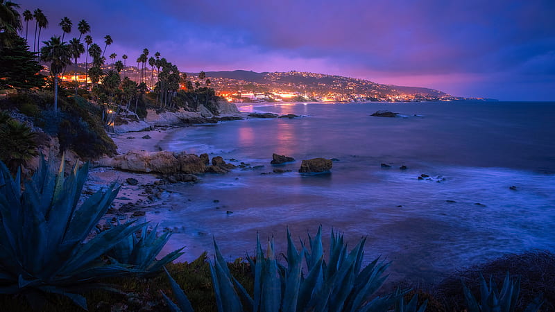 laguna beach, usa, california, dawn, night, lights, scenery, relaxing, mood, Nature, HD wallpaper