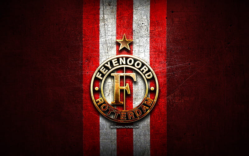 Feyenoord FC, golden logo, Eredivisie, red metal background, football, Feyenoord Rotterdam, Dutch football club, Feyenoord logo, soccer, Netherlands, HD wallpaper