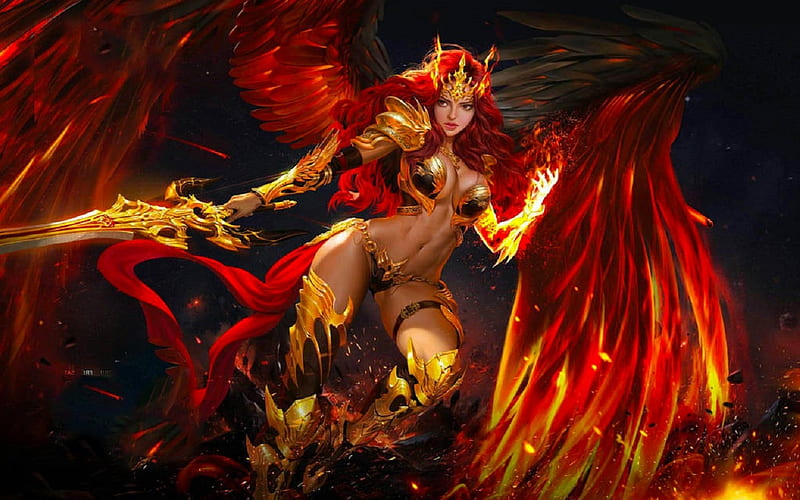 Fire Angel, girl, angel, digital, woman, art, league, pretty, fire, fantasy, sword, HD wallpaper