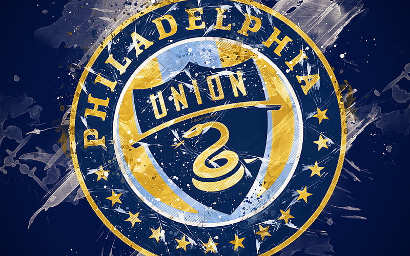 Philadelphia Union paint art, American soccer team, creative, logo, MLS, emblem, blue background, grunge style, Philadelphia, Pennsylvania, USA, football, Major League Soccer, HD wallpaper