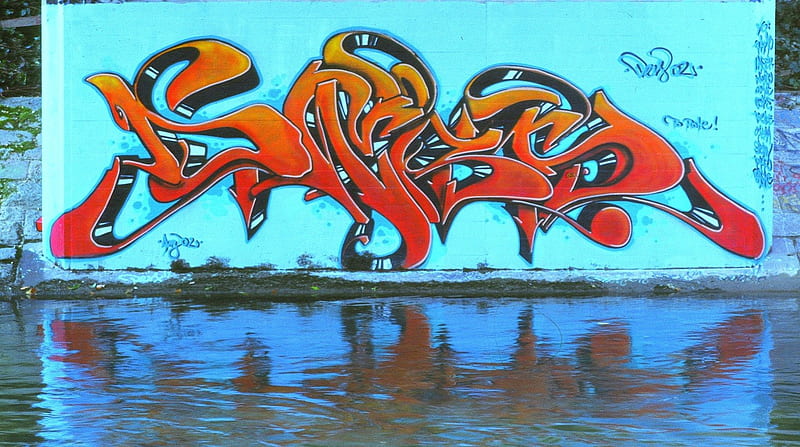 Street art on water, colorful, tag, colors, bonito, wall, water, color, spray, mirror, letter, HD wallpaper