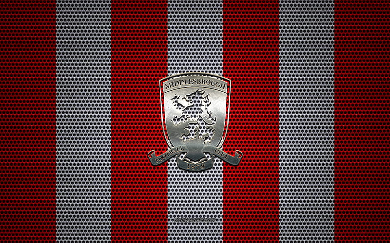 Middlesbrough FC logo, English football club, metal emblem, red and white metal mesh background, Middlesbrough FC, EFL Championship, Middlesbrough, North Yorkshire, England, football, HD wallpaper