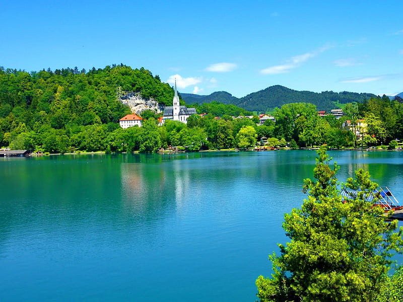 Lake Bled, Bled, shore, lovely, view, clear, bonito, trees, lake, Slovenia, nice, summer, nature, crystal, castle, blue, HD wallpaper
