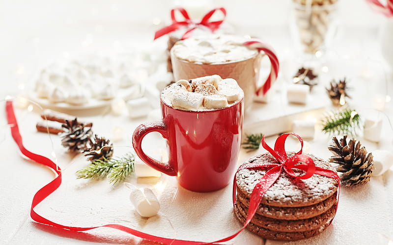 Christmas, red cup, cookies, cocoa with marshmallows, Merry Christmas, Happy New Year, HD wallpaper