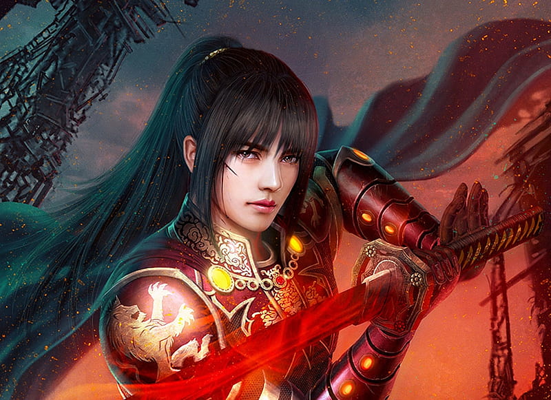 Samurai Red Fantasy Luminos Girl Katana Mario Wibisono Sword Hd Wallpaper Peakpx 4073