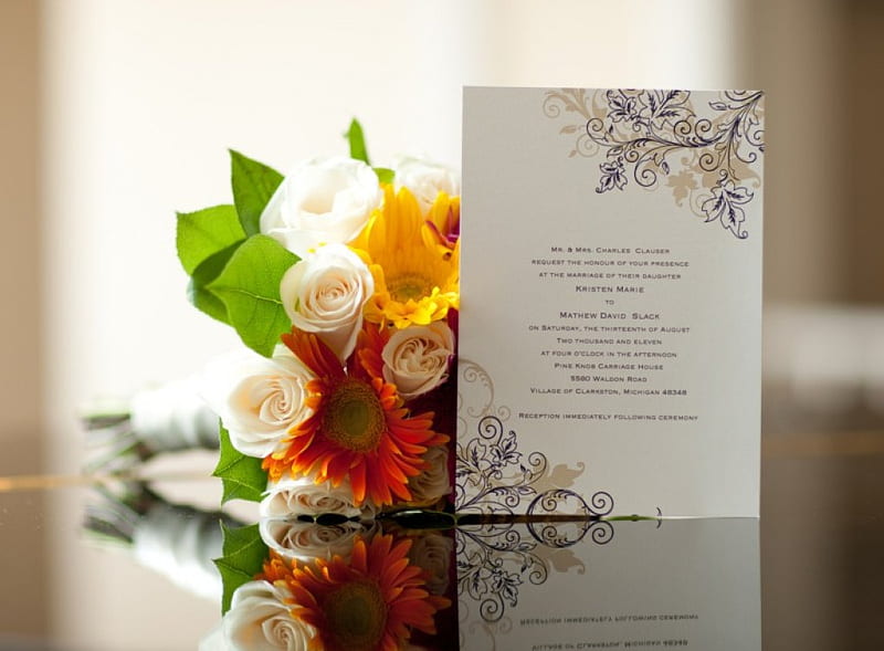 Wedding invitation, romanse, pretty, lovely, fresh, lovel romantic, invitation, bonito, roses, wedding, floral, nice, flowers, reflection, invite, HD wallpaper