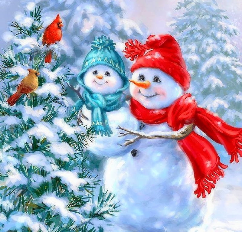 Snowmom Greetings, Christmas, snowmen, holidays, white trees, woods, love four seasons, birds, attractions in dreams, xmas and new year, winter, cardinals, paintings, snow, winter holidays, forests, HD wallpaper