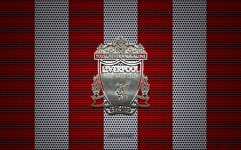 Liverpool FC logo, English football club, metal emblem, red white metal mesh background, Liverpool FC, Premier League, Liverpool, England, football, HD wallpaper