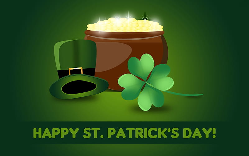 Happy St. Patrick's Day, Saint Patricks Day, pot, coins, pot of gold, shamrock, hat, top hat, St Patricks Day, gold, clover, Patricks Day, gold coins, HD wallpaper