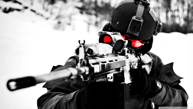 Sniper, red, black, scope, military, army, white, winter, HD wallpaper