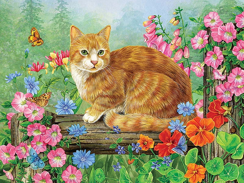 Cat, red, art, vara, butterfly, green, summer, flower, garden, painting, pisici, pink, pictura, blue, HD wallpaper