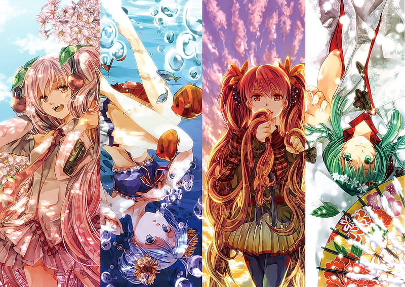 Miku Seasons, autumn, hatsune miku, manga, collage, spring, winter, iroha, anime, summer, season, HD wallpaper