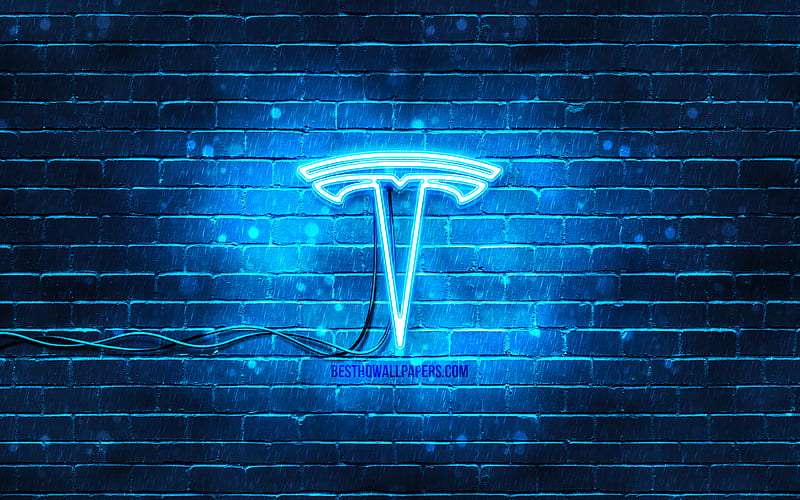 Tesla blue logo blue brickwall, Tesla logo, cars brands, Tesla neon logo, Tesla, HD wallpaper
